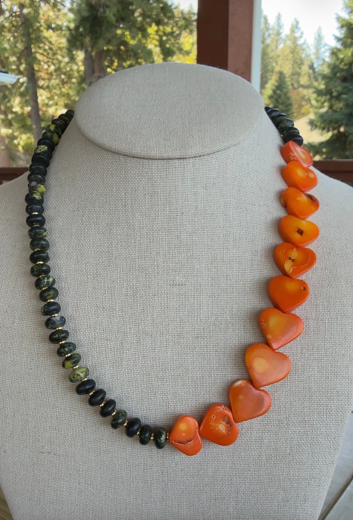 🎃 Green Jasper + Coral Hearts
