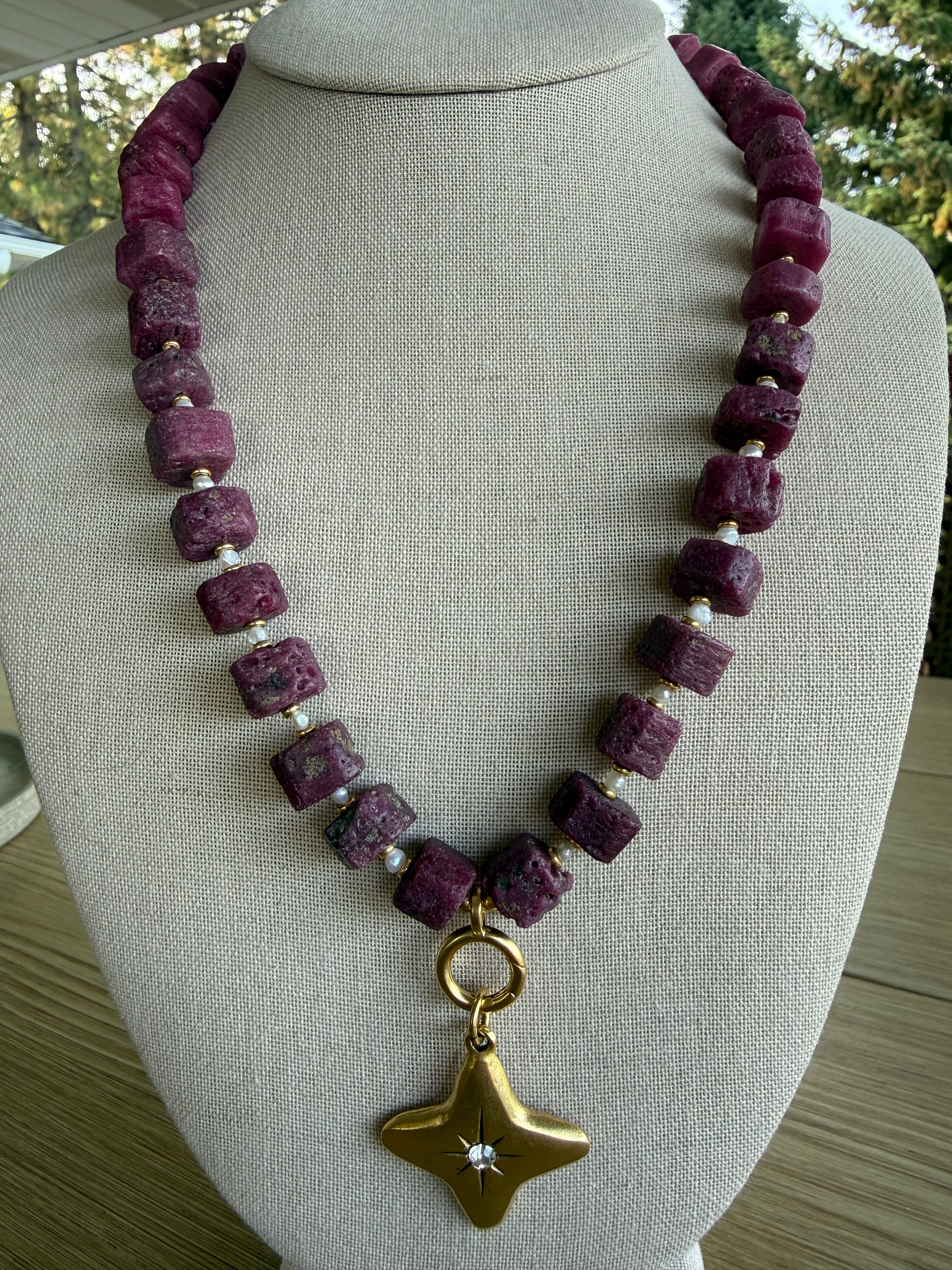 ✨ Raw Ruby & Pearl Necklace ✨